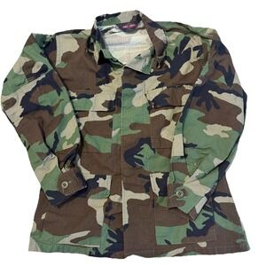 Vintage Tru Spec Woodland Camo BDU Jacket Mens S Short Military Ripstop Shirt